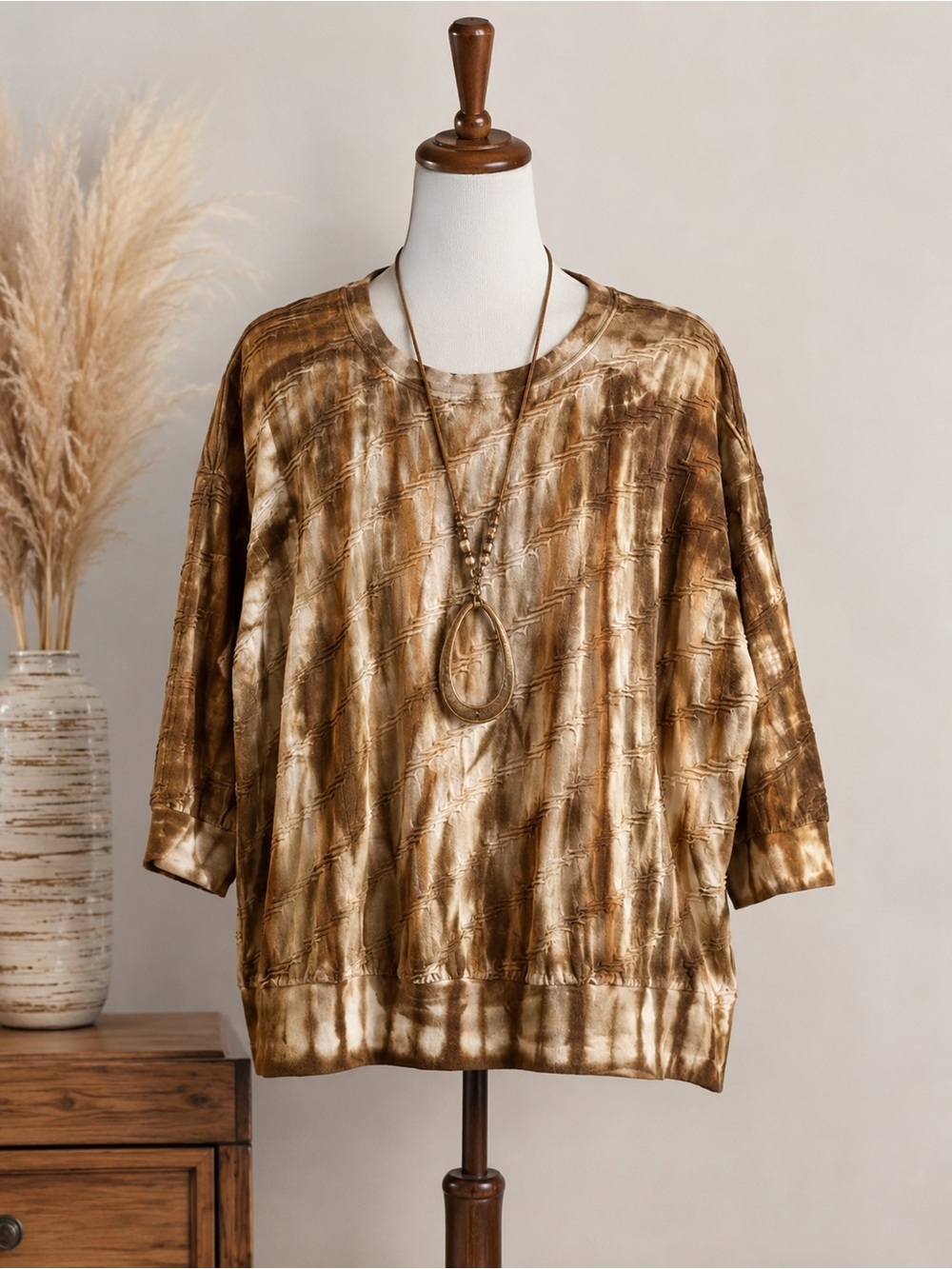🌻Terra & Sky Tie Dye Copper cream ruched band 3/4 sleeve top Like New SZ:14W